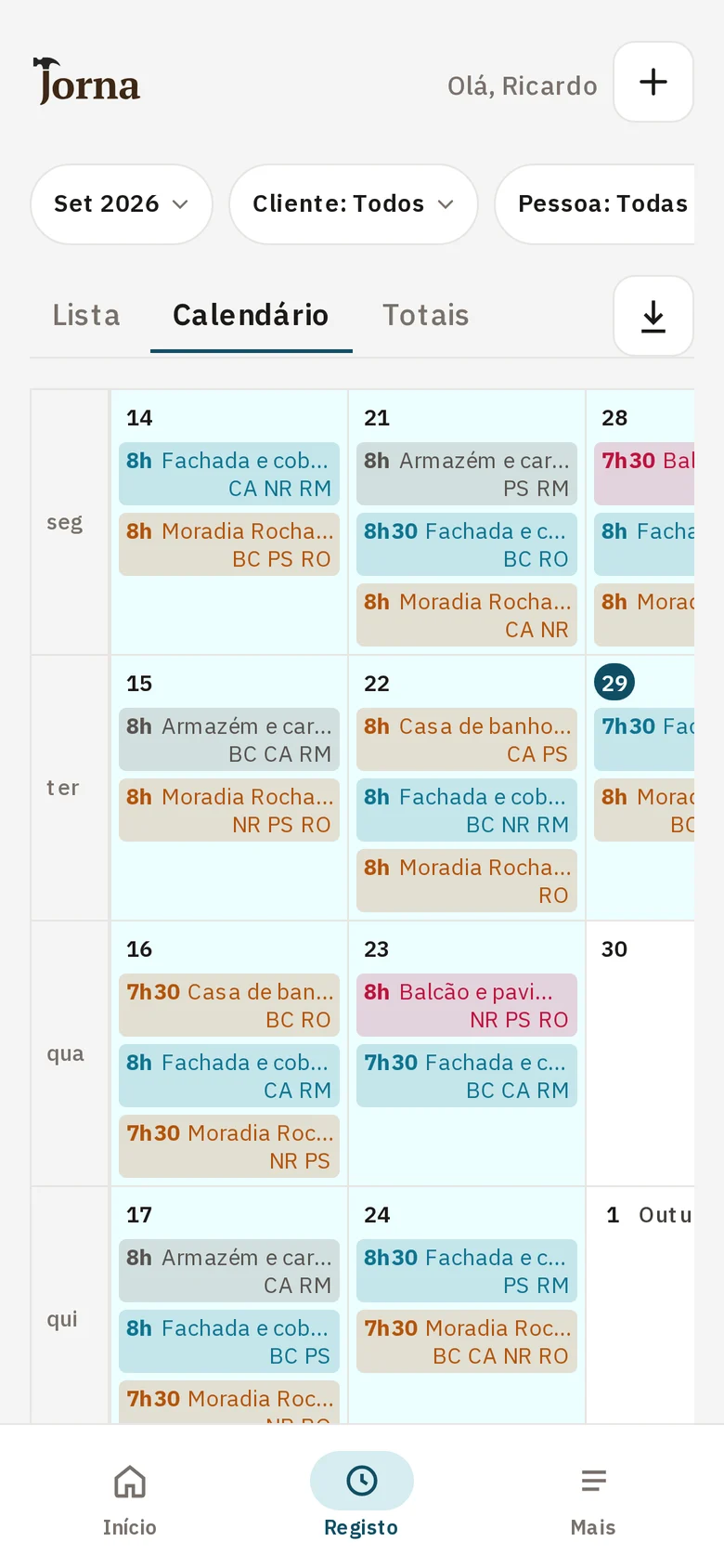 Calendário da equipa, com os registos de cada dia.