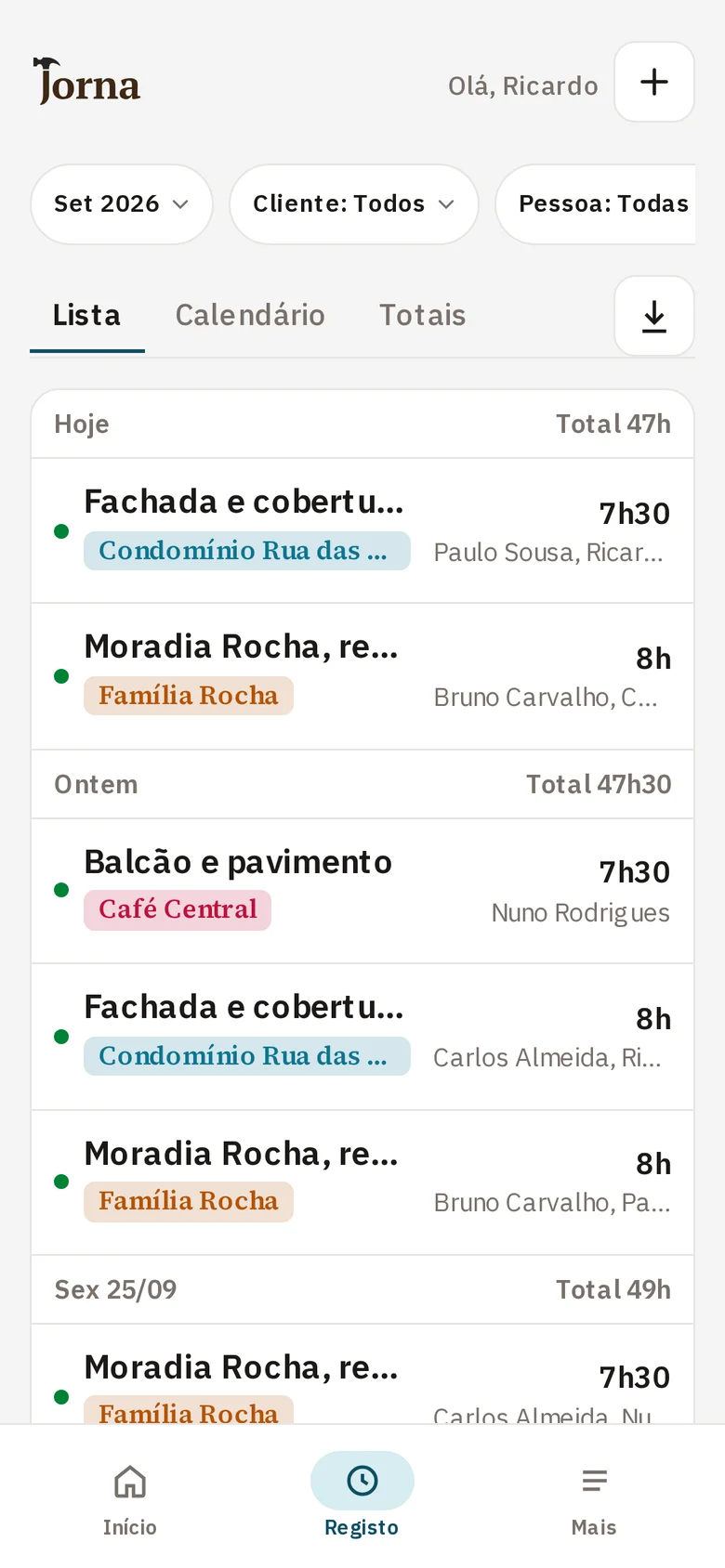 Lista de horas agrupadas por dia, com o trabalho, o cliente e as pessoas.